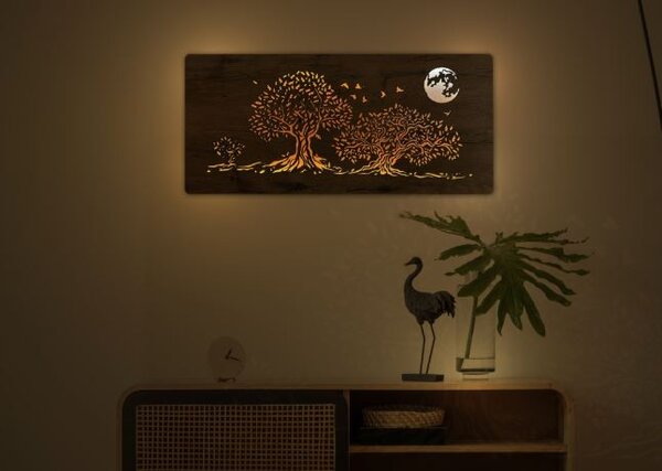 Svietiaci obraz na stenu Stromy a mesiac (Led obraz stromov 90x42 cm)
