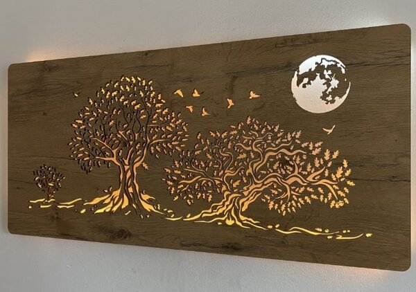 Svietiaci obraz na stenu Stromy a mesiac (Led obraz stromov 90x42 cm)