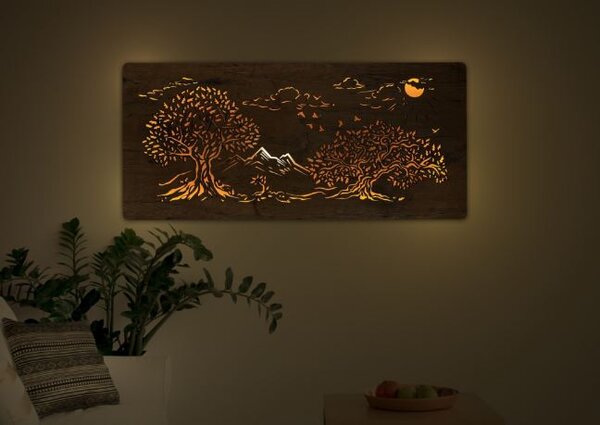 Svietiaci obraz strom Tri duby (Podsvietený obraz na stenu 90x42 cm)