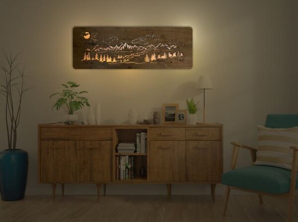 Podsvietený obraz vrchy a les (Vidiecke obrazy krajinka 120x40 cm)