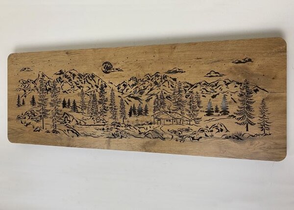 Podsvietený obraz Chata v horách (Vidiecke obrazy krajinka 120x40 cm)