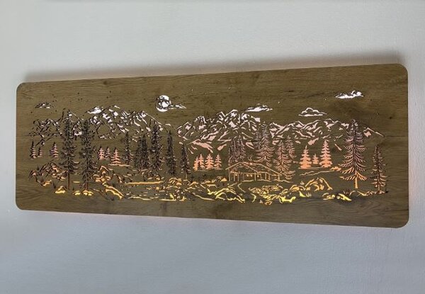 Podsvietený obraz Chata v horách (Vidiecke obrazy krajinka 120x40 cm)