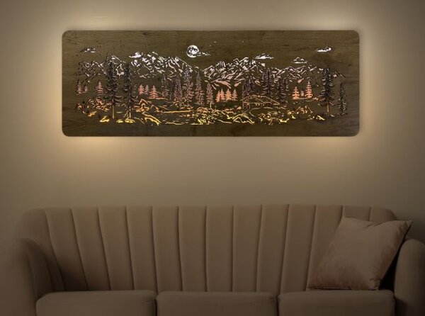Podsvietený obraz Chata v horách (Vidiecke obrazy krajinka 120x40 cm)