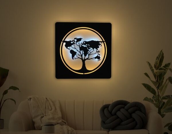 Svietiaci obraz mapa sveta v strome (Obraz do kancelárie mapa sveta 70x70 cm)