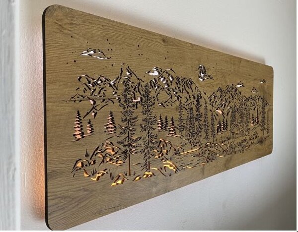 Podsvietený obraz Chata v horách (Vidiecke obrazy krajinka 120x40 cm)