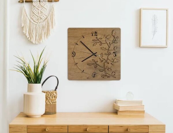 Drevené štvorcové hodiny Oak (Designové hodiny s tichým chodom 40x40 cm)