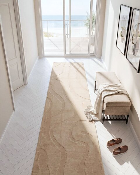 Koberec béžový žakárový 80 x 300 cm obdĺžnikový tvar s nízkym vlasom polyesterová spodná strana behúň moderný štýl obývacia izba