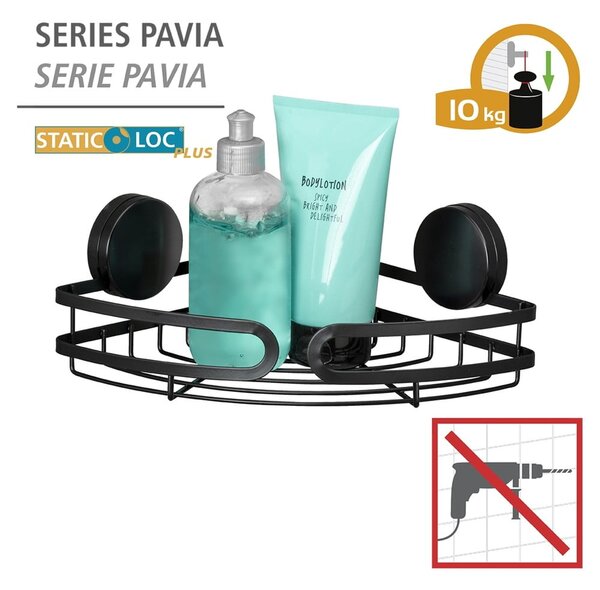 Čierna rohová polica do kúpeľne Wenko Static-Loc® Pavia, šírka 27 cm