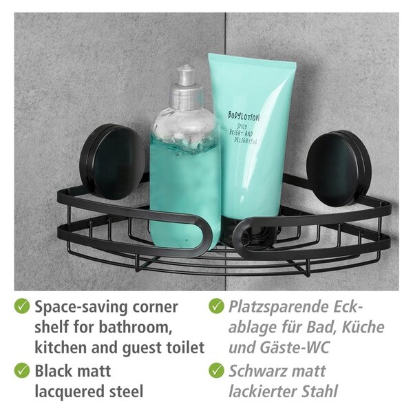 Čierna rohová polica do kúpeľne Wenko Static-Loc® Pavia, šírka 27 cm