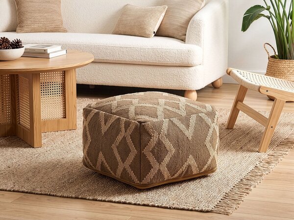 Taburetka svetlohnedá a béžová juta a vlna 50 x 50 cm geometrický vzor štvorcový puf na sedenie
