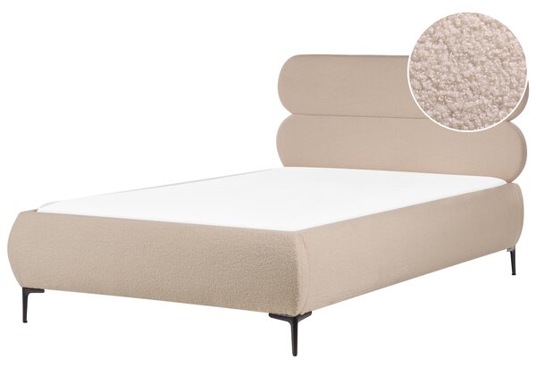 Posteľ sivobéžová buklé čalúnenie čierne kovové nohy 120 x 200 cm lamelový rošt s čelom klasický minimalistický štýl spálňa