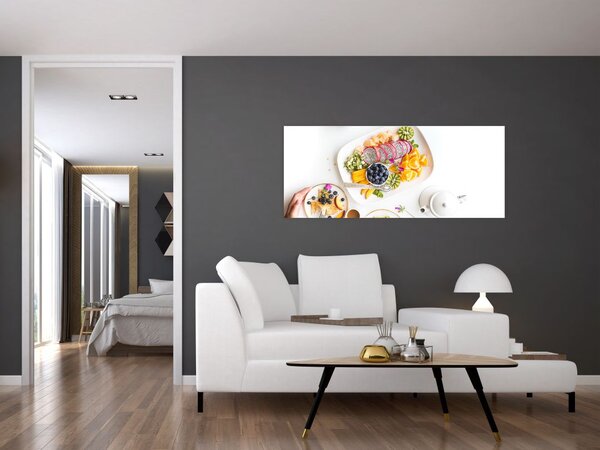 Obraz tanierov s ovocím na stole (120x50 cm)