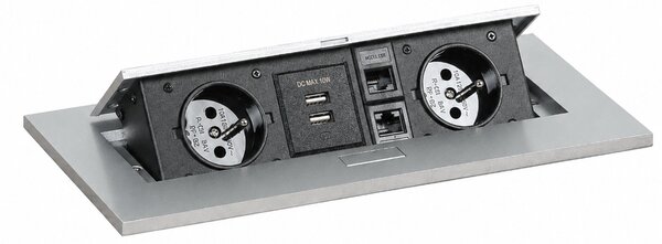 Zásuvkový box - výklopný, 2x zásuvka, 2x USB-A, 2x RJ45 port, strieborná