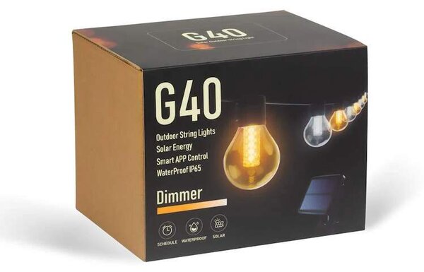 SMART solárna LED reťaz G40 – 15 žiaroviek, Bluetooth + IR ovládač, 21 h, IP65 (11743)