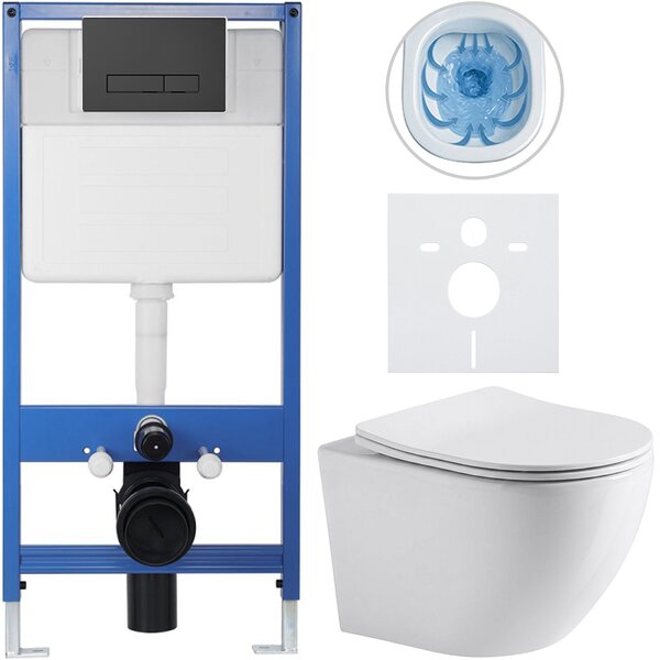 CERANO - Kompletný podomietkový WC set Lite/Cesso - biela lesklá - WC tlačidlo Slim, čierne matné - predstenová inštalácia / sadrokartón - 49x36 cm