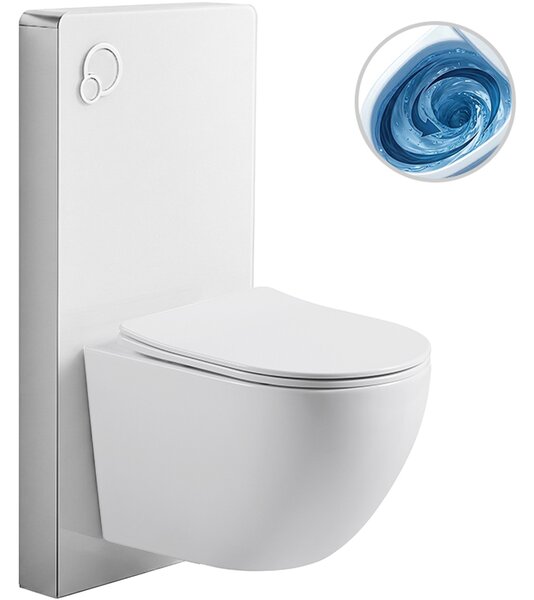 CERANO - Kompletný WC set sanitárny splach. modul - biela matná + WC závesné Cesso, Vortex Rimless + Slim/UF sedátko - biela lesklá - 49x36 cm