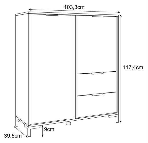 KOMODA VYSOKÁ LOREEN TMAVOŠEDÁ + ZLATÁ SO ŠUPLÍKMI NA NOŽIČKÁCH 103 cm