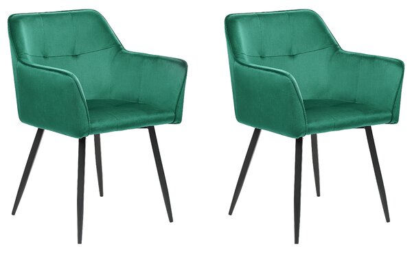 Sada 2 jedálenských stoličiek smaragdovozelené zamatové čalúnené stoličky s opierkami rúk čierne kovové nohy