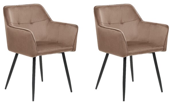 Sada 2 jedálenských stoličiek hnedé zamatové čalúnené stoličky s opierkami rúk čierne kovové nohy