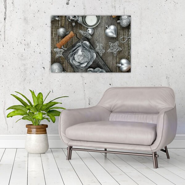 Obraz - strieborné vianočné dekorácie (70x50 cm)