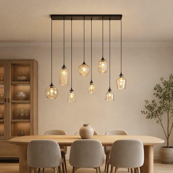 Art Deco závesná lampa čierna s jantárovým sklom 8-Lights - Hanne