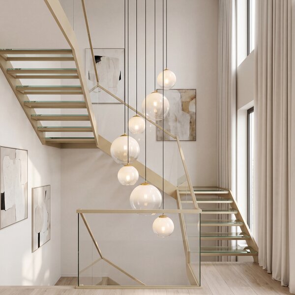 Hotelová elegantná závesná lampa mosadzná s bielym sklom okrúhla 7-svetiel - Misty