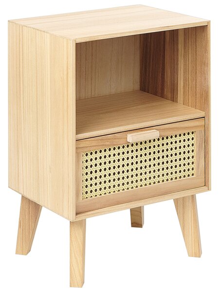 Nočný stolík svetlé drevo Paulownia ratanový výplet 1 zásuvka boho dizajn