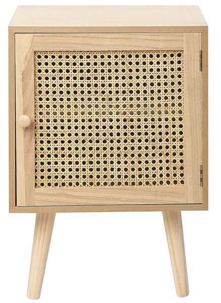 Nočný stolík svetlá Paulownia MDF materiál dyha ratanový výplet ratanové dvierka boho dizajn