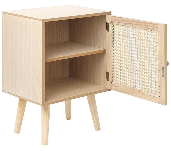 Nočný stolík svetlá Paulownia MDF materiál dyha ratanový výplet ratanové dvierka boho dizajn