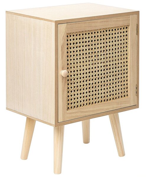 Nočný stolík svetlá Paulownia MDF materiál dyha ratanový výplet ratanové dvierka boho dizajn