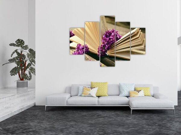 Obraz knihy a fialovej kvetiny (150x105 cm)