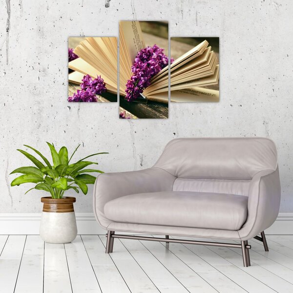 Obraz knihy a fialovej kvetiny (90x60 cm)