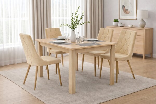 Jedálenská zostava stôl 120 x 80 cm dub sonoma / hnedé nohy a 4 stoličky IMOLA béžové / nohy vo farbe dreva