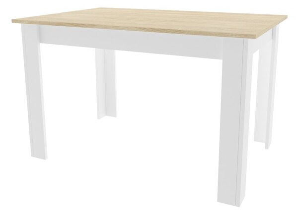 Jedálenská zostava stôl 120 x 80 cm dub sonoma / biele nohy a 4 stoličky IMOLA béžové / nohy vo farbe dreva