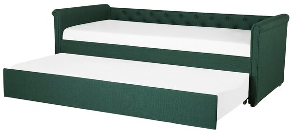 Detská výsuvná posteľ so zeleným rámom, čalúnená v látkové prešívané operadlo 80 x 200 cm
