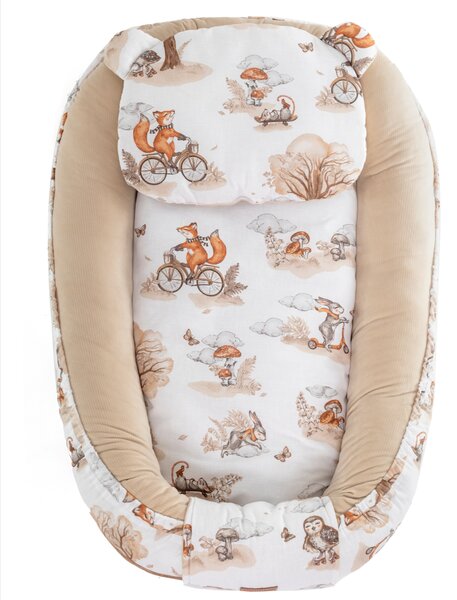 Vulpi Béžové hniezdo pre bábätko 3v1 Baby Velvet - líška na bicykli