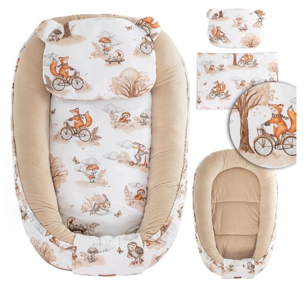 Vulpi Béžové hniezdo pre bábätko 3v1 Baby Velvet - líška na bicykli