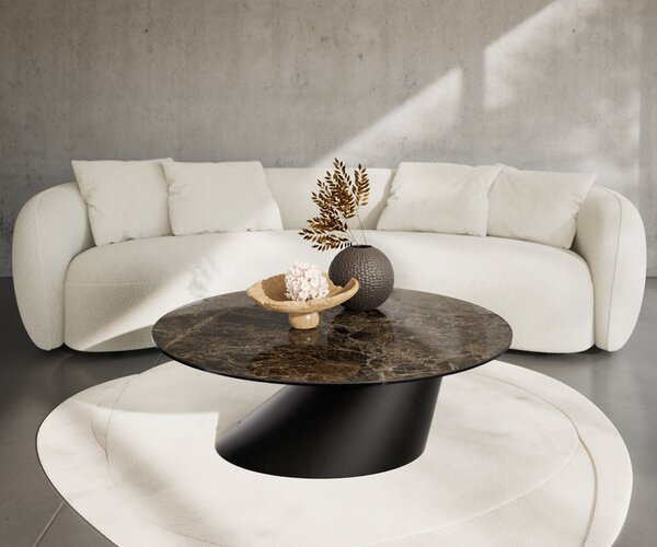 DELIFE Konferenčný stolík Edge okrúhly 100x100 cm keramika Laminam® Emperador Extra Lucidato tmavohnedá konická kov čierna