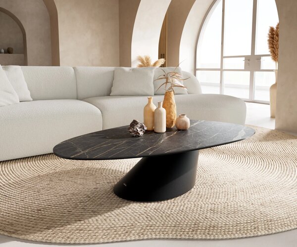 DELIFE Konferenčný stolík Edge oválny 140x75 cm keramika Laminam® Noir Desir hnedá Conis kov čierna