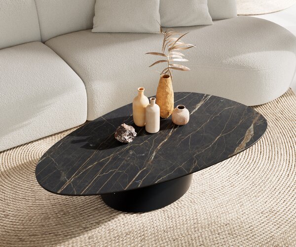 DELIFE Konferenčný stolík Edge oválny 140x75 cm keramika Laminam® Noir Desir hnedá Conis kov čierna