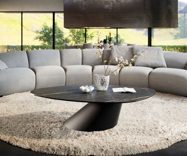 DELIFE Konferenčný stolík Edge organický 140x76 cm keramika Laminam® Noir Desir hnedá Conis kov čierna