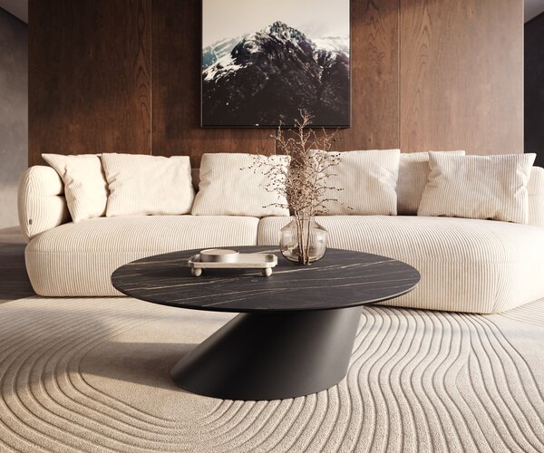 DELIFE Konferenčný stolík Edge okrúhly 100x100 cm keramika Laminam® Noir Desir hnedá Conis kov čierna
