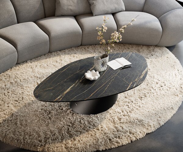 DELIFE Konferenčný stolík Edge organický 140x76 cm keramika Laminam® Noir Desir hnedá Conis kov čierna
