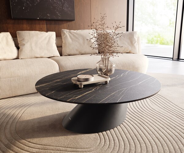 DELIFE Konferenčný stolík Edge okrúhly 100x100 cm keramika Laminam® Noir Desir hnedá Conis kov čierna