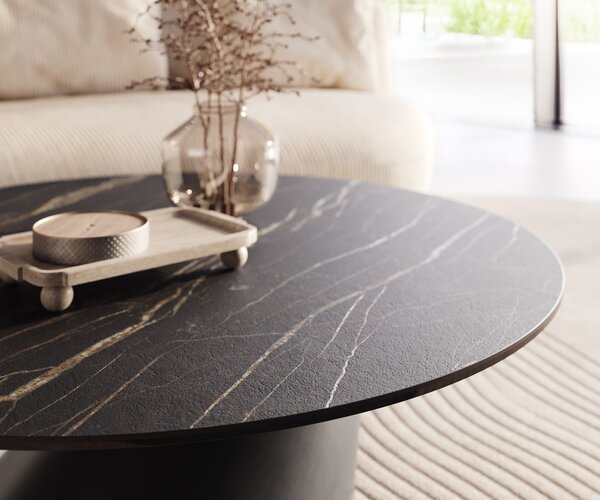 DELIFE Konferenčný stolík Edge okrúhly 100x100 cm keramika Laminam® Noir Desir hnedá Conis kov čierna