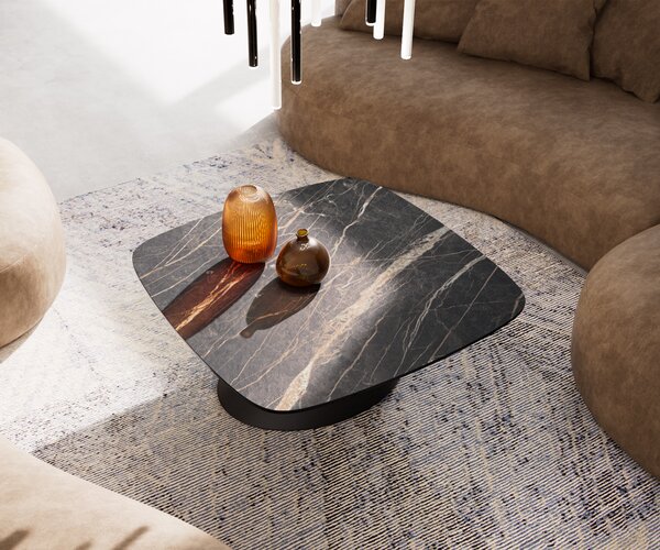 DELIFE Konferenčný stolík Edge zaoblený 90x90 cm keramika Laminam® Noir Desir hnedá Conis kov čierna