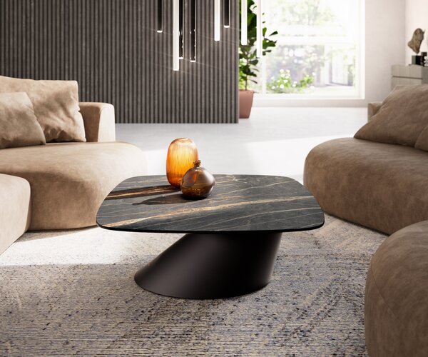 DELIFE Konferenčný stolík Edge zaoblený 90x90 cm keramika Laminam® Noir Desir hnedá Conis kov čierna