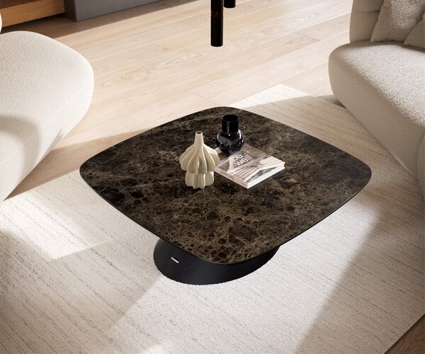 DELIFE Konferenčný stolík Edge zaoblený tvar 90x90 cm keramika Laminam® Emperador Extra Lucidato tmavohnedá konická kov čierna