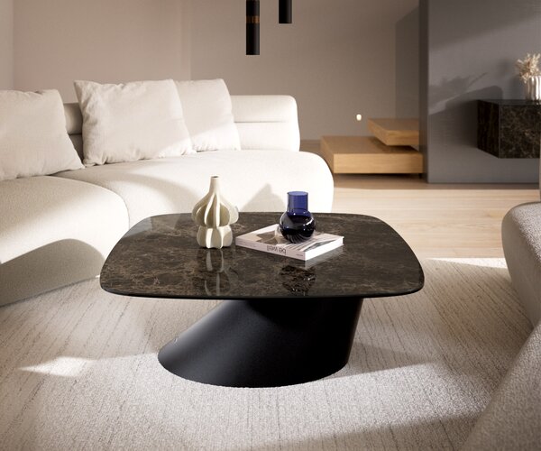DELIFE Konferenčný stolík Edge zaoblený tvar 90x90 cm keramika Laminam® Emperador Extra Lucidato tmavohnedá konická kov čierna