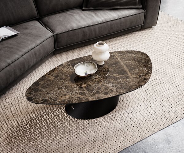 DELIFE Konferenčný stolík Edge organický 140x76 cm keramika Laminam® Emperador Extra Lucidato tmavohnedá konická kov čierna